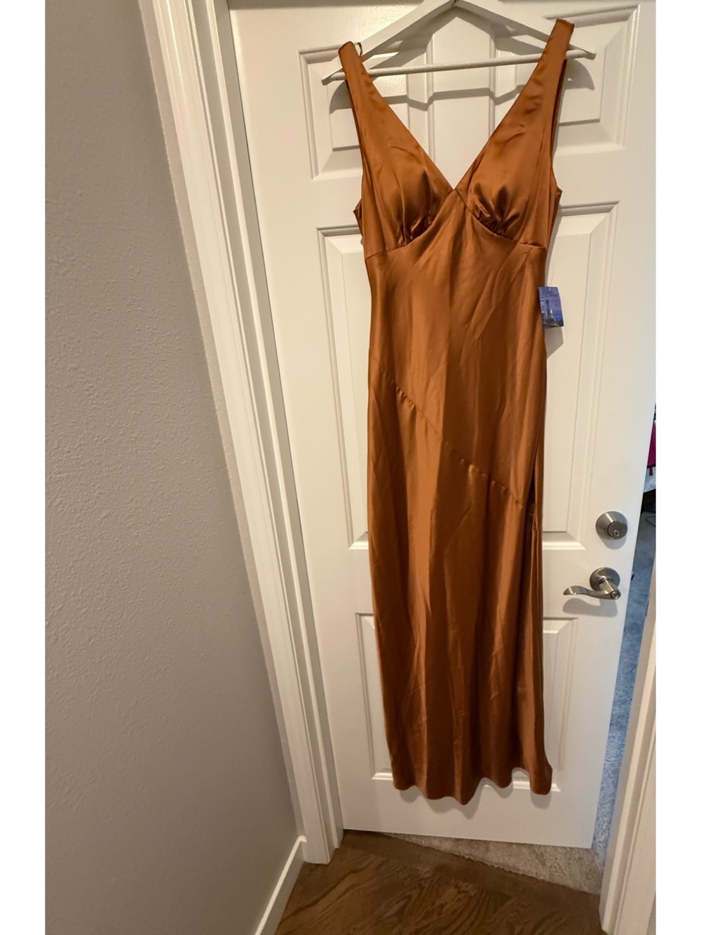 Morgan & Co. Copper Satin Slip Maxi Dress